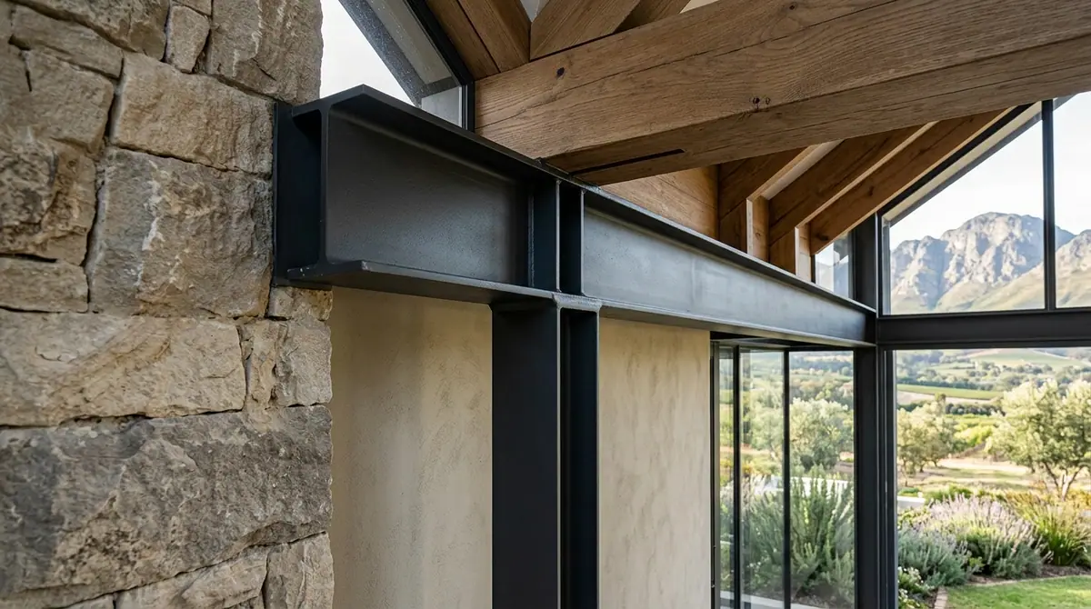 A steel I beam bearing on a stone wall, carrying the roof over a new full height opening