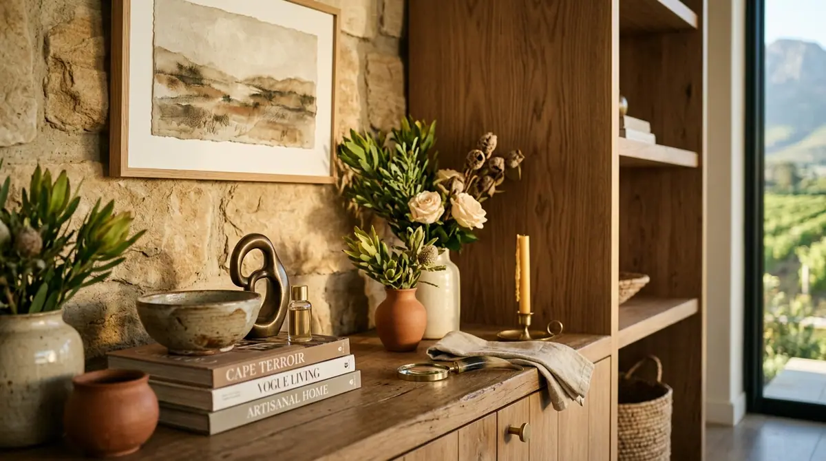 Styled console with ceramics, brass objects and a protea arrangement against a stone wall