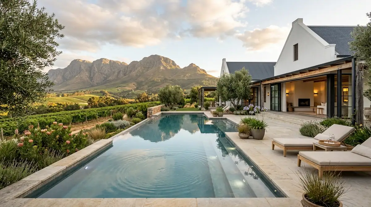 Swimming pool and paved terrace alongside a Cape Dutch farmhouse and its vineyards