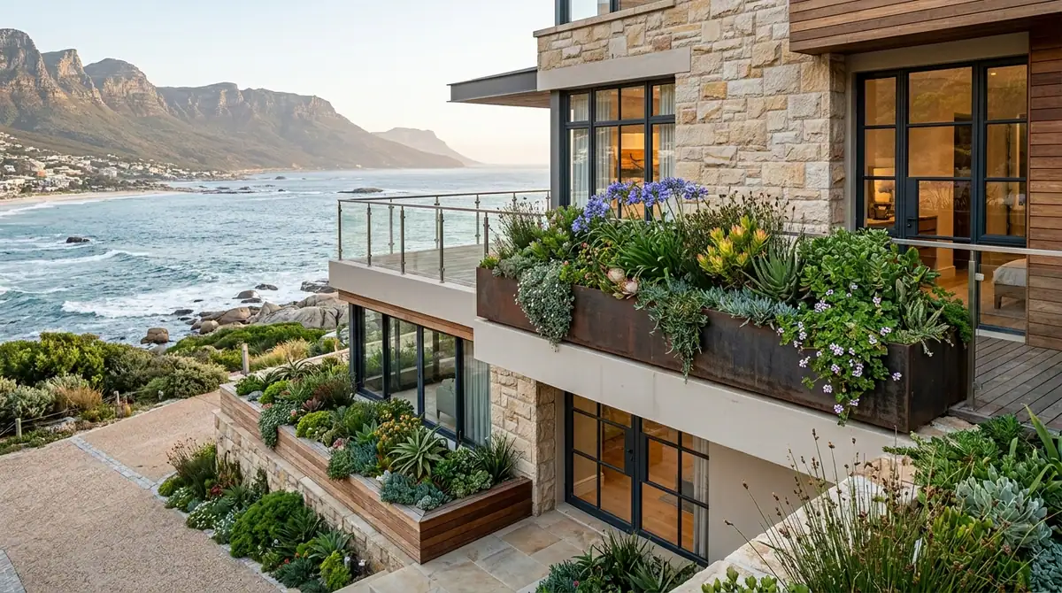 Planted timber flower boxes along a coastal balcony above the rocks and the sea