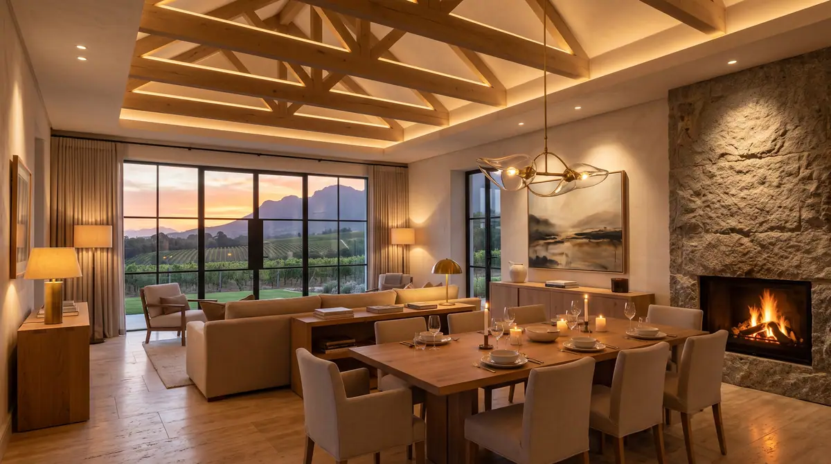 Dining room under exposed timber trusses with a lit fireplace and a stone chimney breast