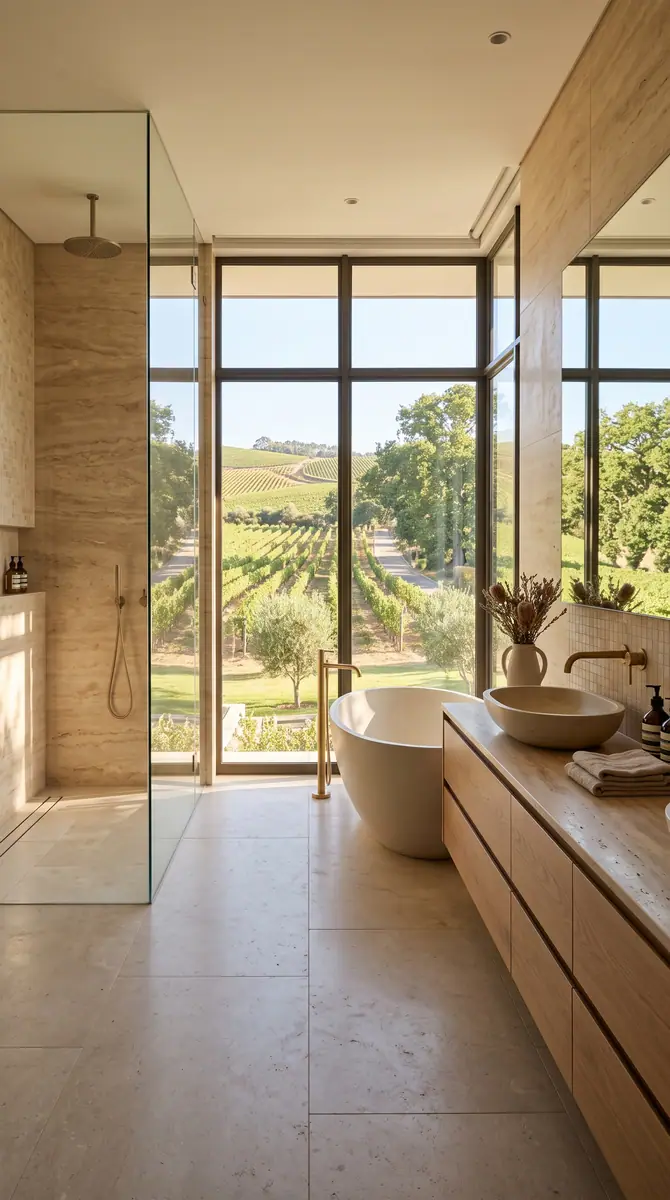 Travertine bathroom with a walk in shower and floor to ceiling glazing to the vineyard