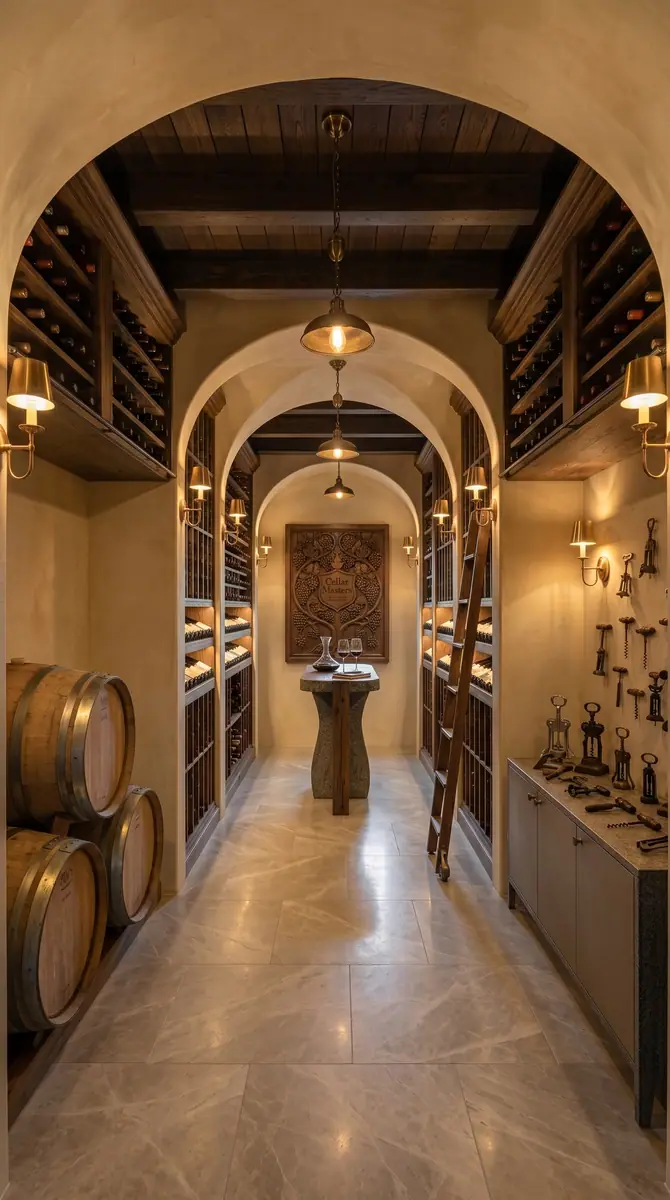 Vaulted wine cellar with barrels, timber racking and a stone tasting counter