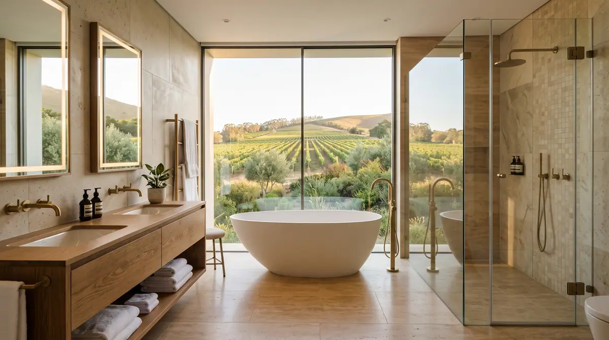 Bathroom with a freestanding stone bath and a full height window over the vines