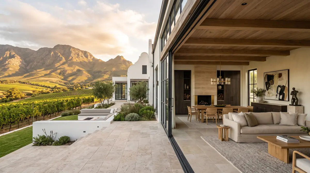 Paved terrace and open living space looking down the vineyards at sunset