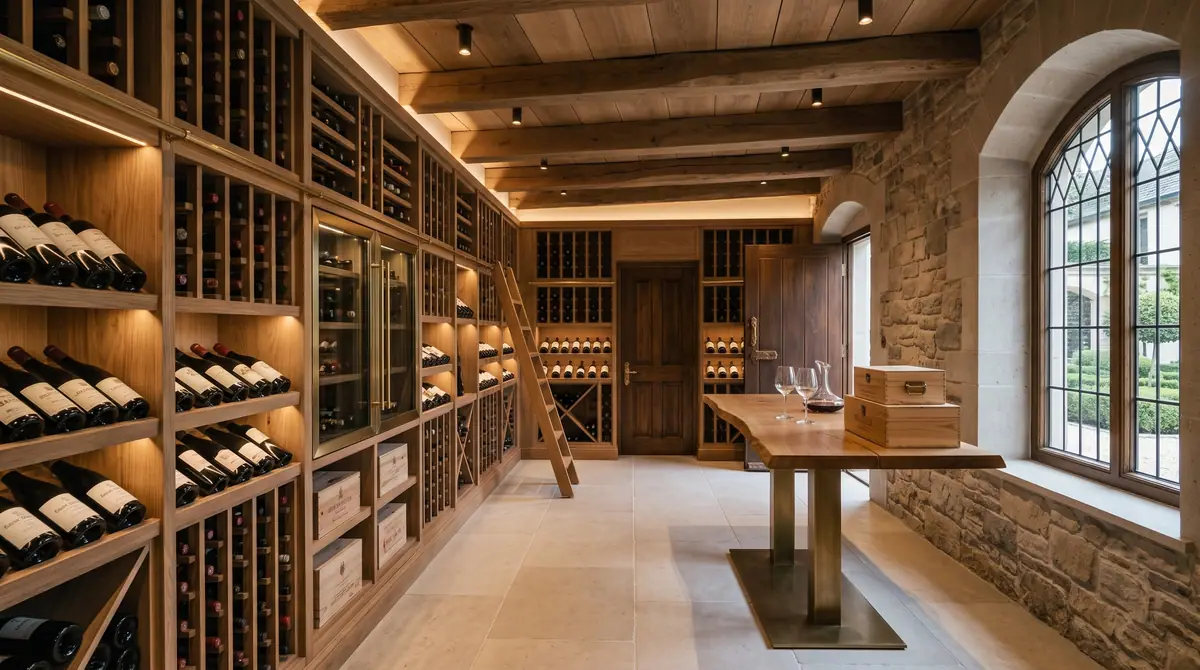 The cellar: from storage to a lit wine room with a tasting table