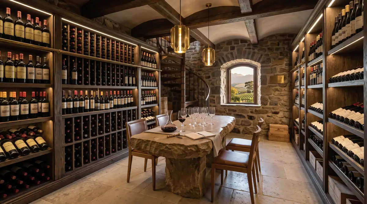 Wine cellar with floor to ceiling racking, a stone wall and a tasting table
