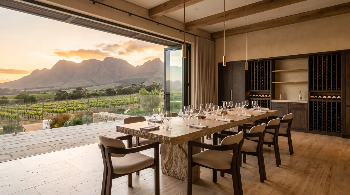 Private tasting room with a stone table opening onto the vineyards at sunset
