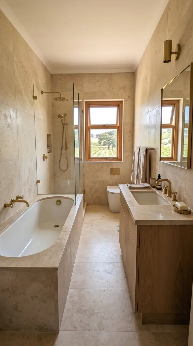 The second bathroom, with an oak vanity and brass fittings