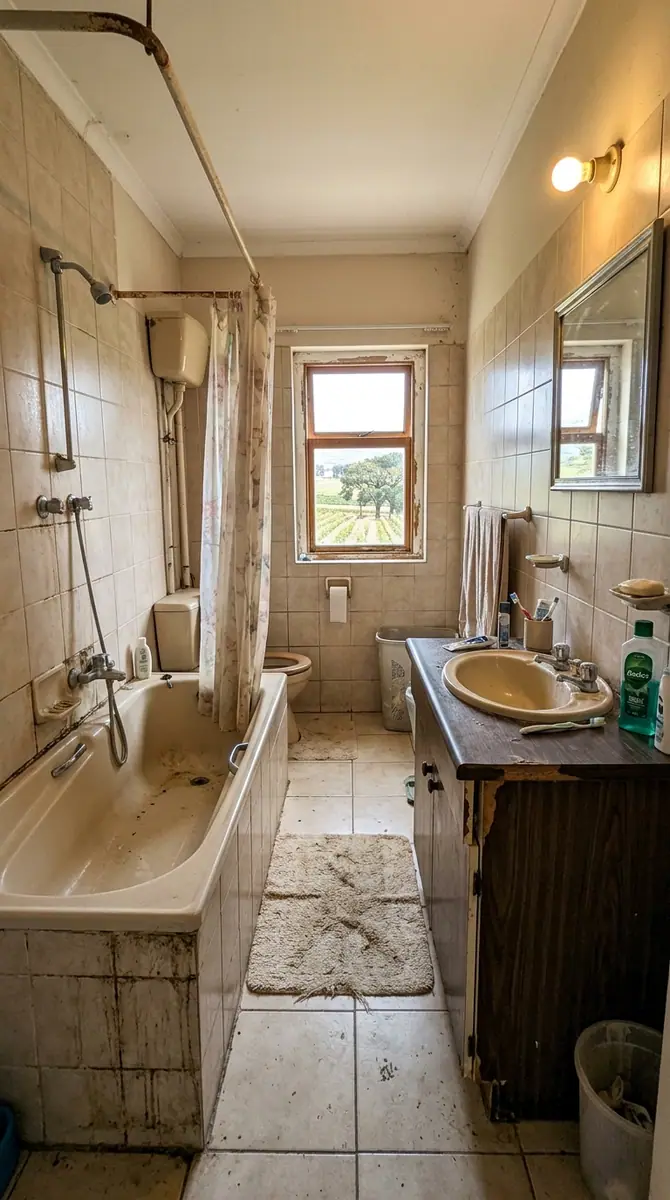 Farmhouse bathroom with stained tiles and a dated vanity before renovation