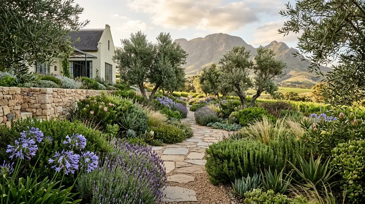 Winelands estate garden of olives, lavender and fynbos held by dry stone terracing