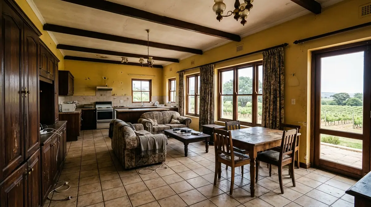 Farmhouse kitchen and living room with yellow walls and tiled floors before renovation