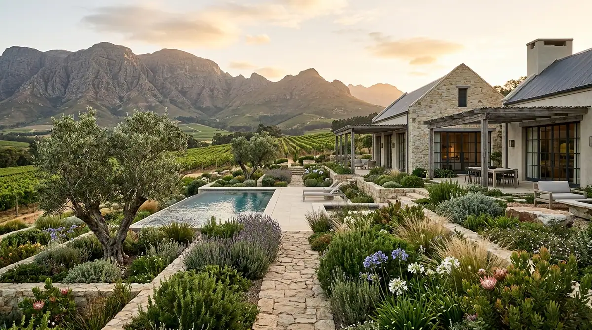 Landscaped Winelands garden with a lap pool, stone paths and planted terraces below the mountains