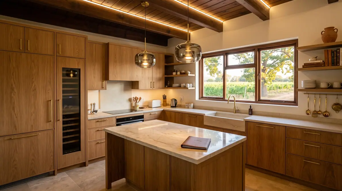 The kitchen rebuilt in oak and stone under the original beams