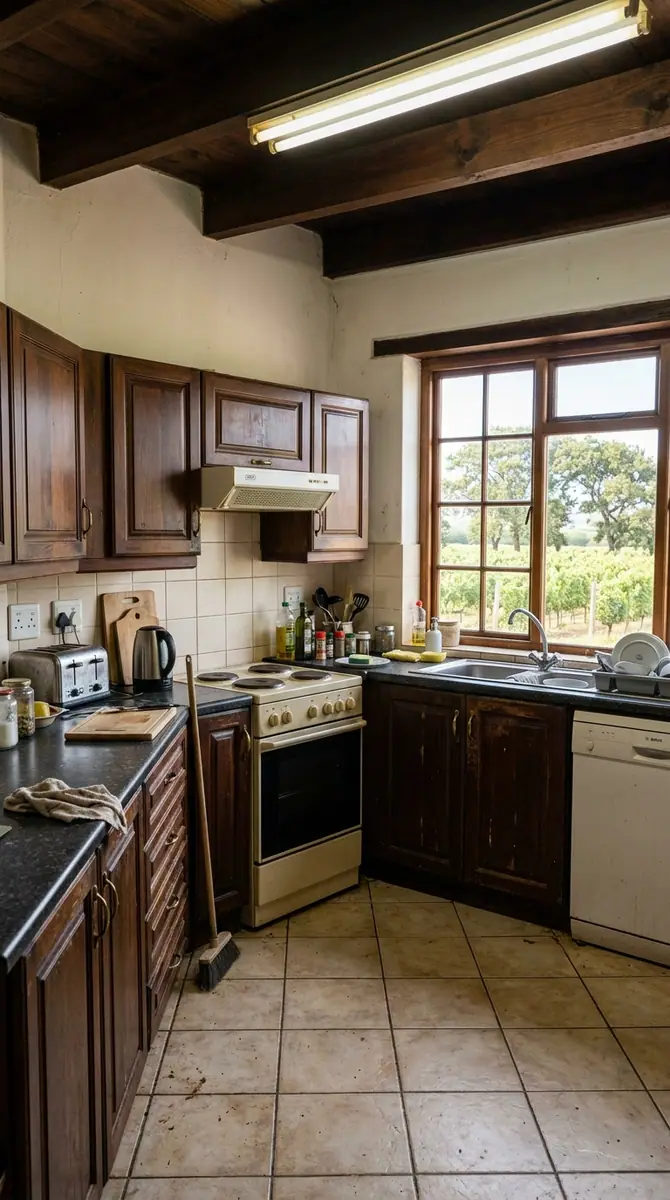 Dark timber farmhouse kitchen with worn cabinetry before renovation