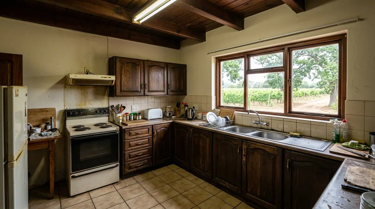 Farmhouse kitchen with dated units, tiled counters and a small window before renovation