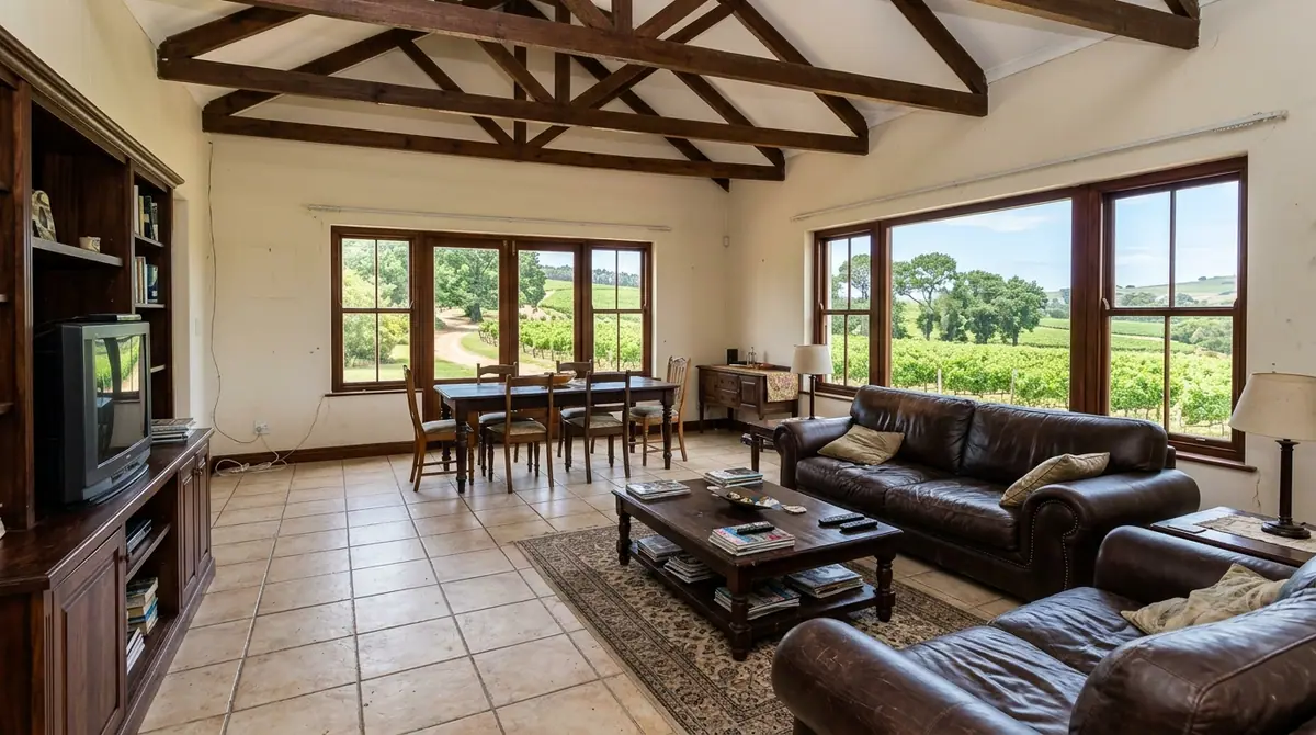 Farmhouse living room with a tiled floor and dated joinery before reflooring