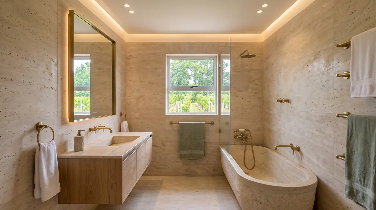 The main bathroom, opened up and rebuilt in travertine