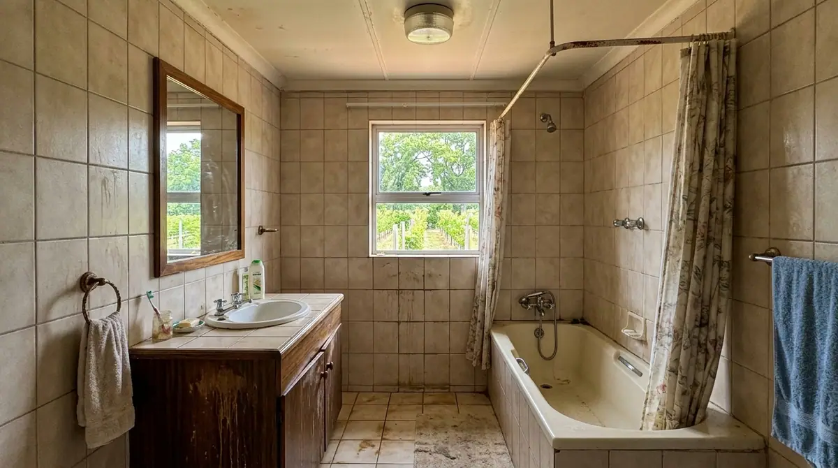 Main bathroom with beige tiling, a shower curtain and a dark timber vanity before renovation