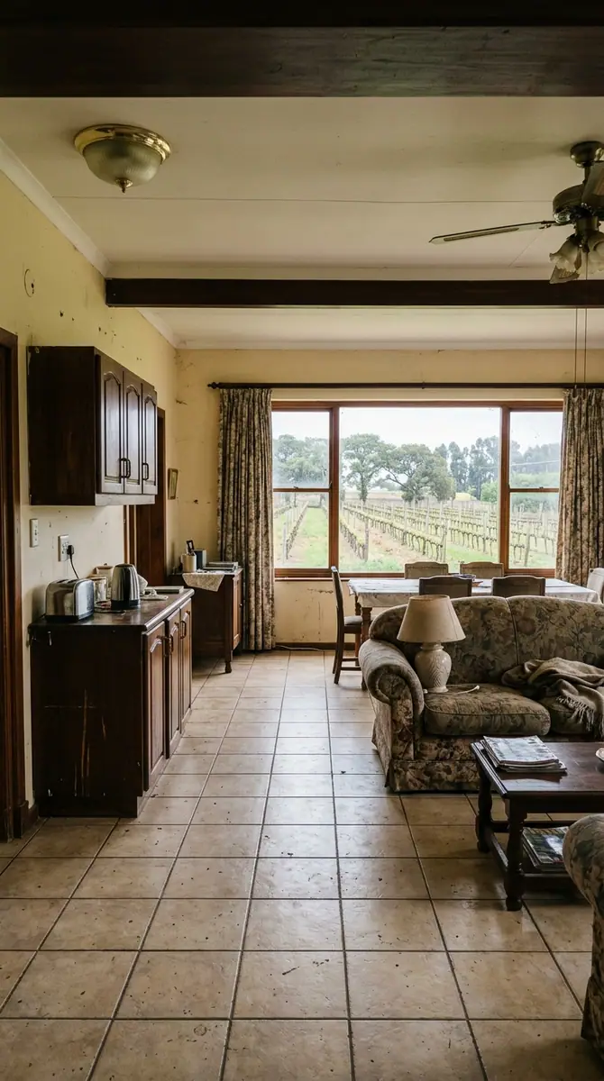 Dated open plan kitchen and sitting area with tiled floors before renovation