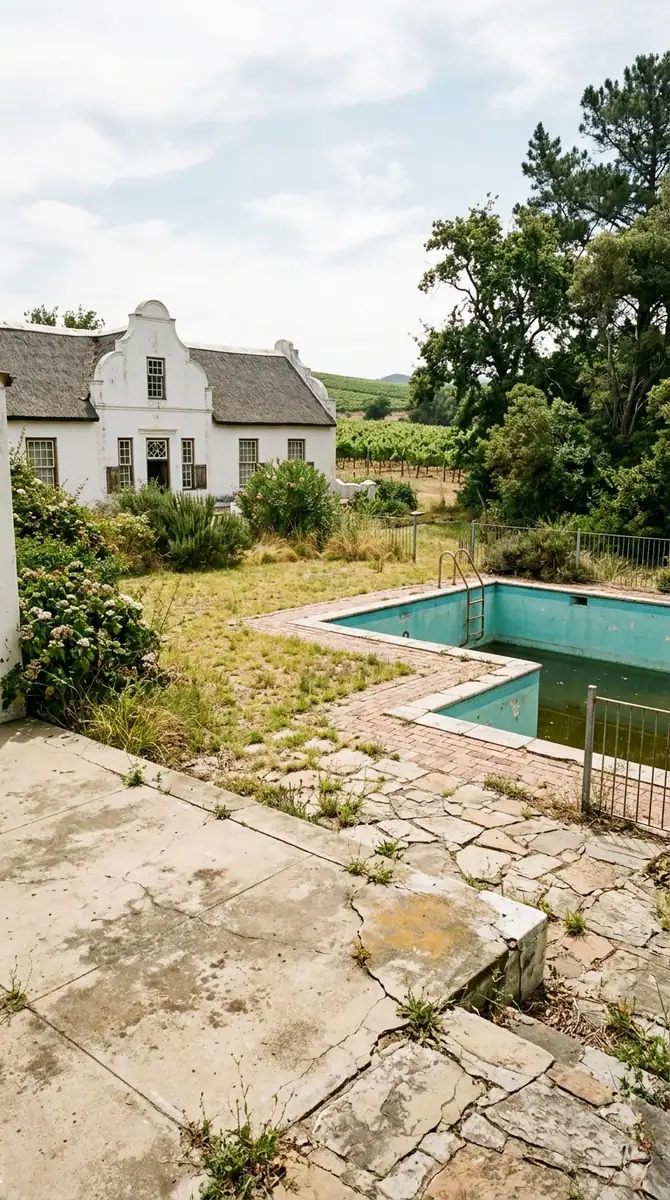 Cracked flagstone paving and a neglected pool at a Winelands estate before landscaping